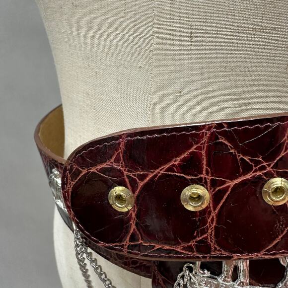 Catherine Carson burgundy leather strap belt silver elephant & drop chain‎ small - Picture 5 of 16